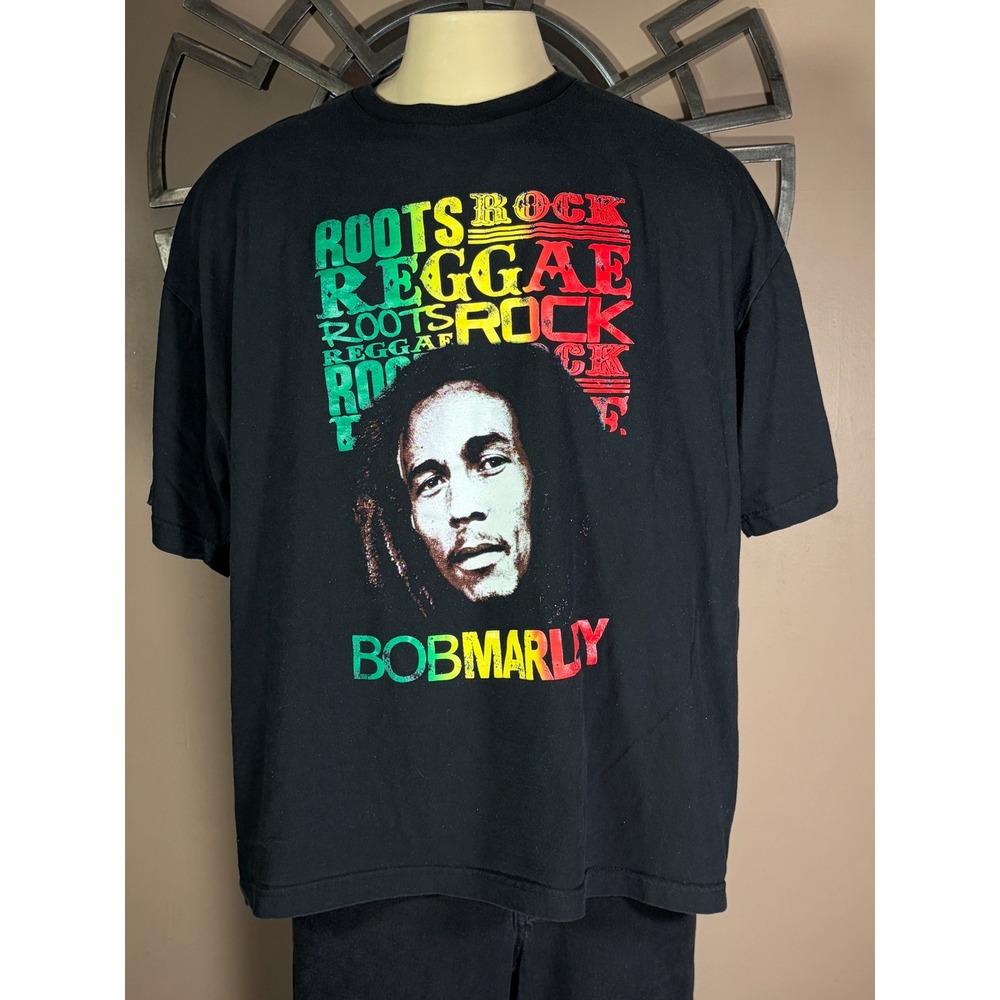 Bob Marley Roots Rock Reggae Graphic T-Shirt Black 2XL Mens Cotton Short Sleeve